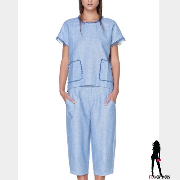 Style Mafia Blue Linen Cropped Pants Set M/L - Picture 2 of 4